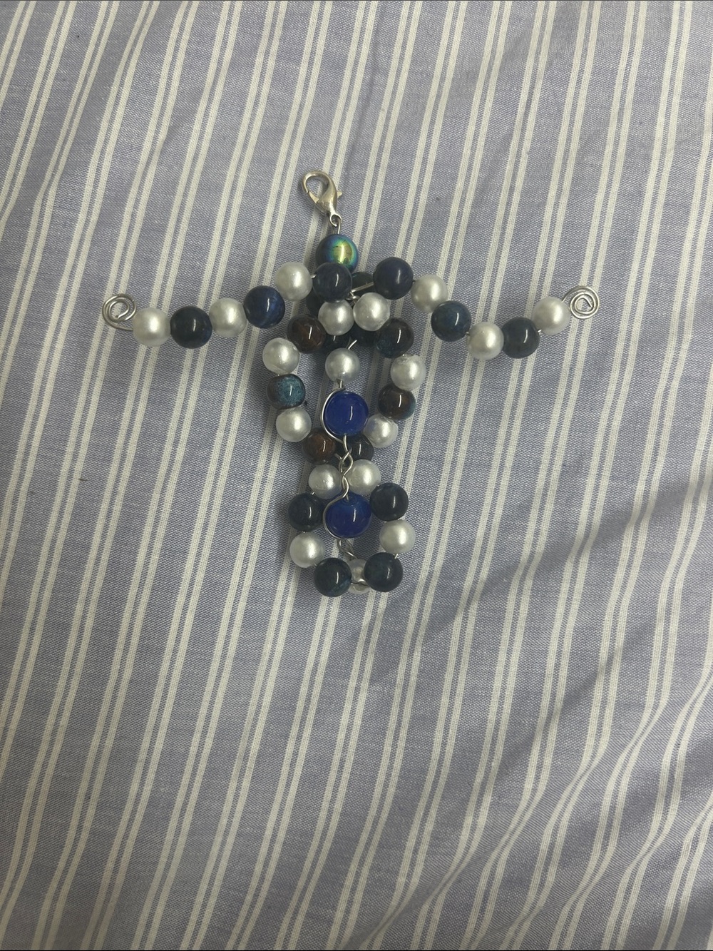 Beaded Cross Pendant bag charm- Blue & White